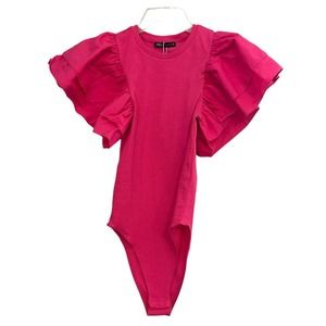 Zara Women’s Tiered Puff Ruffled Short Sleeve Fuchsia Pink Ribbed Bodysuit NWT S